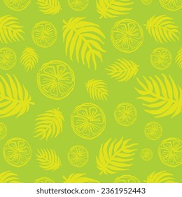 Seamless citrus pattern with palm leves.Hand drawn vector illustration with lemons.Template for print, textile,wallpaper cover and box design.