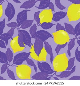 Seamless citrus pattern with palm leves.Hand drawn vector illustration with lemons.Template for print, textile,wallpaper cover and box design