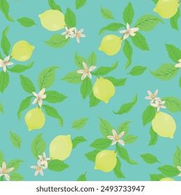 Seamless citrus pattern with palm leves.Hand drawn vector illustration with lemons.Template for print, textile,wallpaper cover and box design