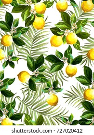 Seamless citrus pattern with palm leves.Hand drawn vector illustration with lemons.Template for print, textile,wallpaper cover and box design