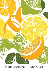 Seamless Citrus Pattern Poster with Textured Lemon, Lime, and Orange Slices and Zest Peel