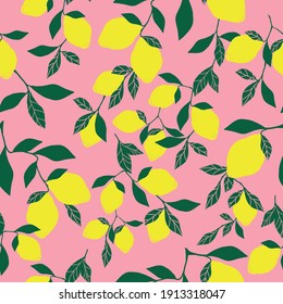 seamless citrus pattern. ripe lemons on a branch, pink background. Vector texture. Fashionable print for textiles, wallpaper.