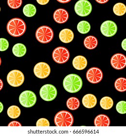 Seamless citrus pattern. Sliced fruits on a black background