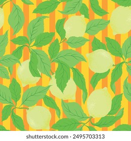 Patrón de cítricos sin fisuras con rayas. Ilustración vectorial dibujada a mano con limones. Plantilla para impresión, textil, cubierta de Fondo de pantalla y diseño de caja