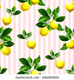 Seamless citrus pattern with stripes.Hand drawn vector illustration with lemons.Template for print, textile,wallpaper cover and box design