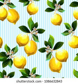 Seamless citrus pattern with stripes.Hand drawn vector illustration with lemons.Template for print, textile,wallpaper cover and box design