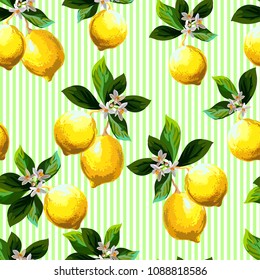 	
Seamless citrus pattern with stripes.Hand drawn vector illustration with lemons.Template for print, textile,wallpaper cover and box design