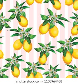 	
Seamless citrus pattern with stripes.Hand drawn vector illustration with lemons.Template for print, textile,wallpaper cover and box design