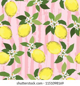 	
Seamless citrus pattern with stripes.Hand drawn vector illustration with lemons.Template for print, textile,wallpaper cover and box design