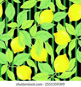 .Seamless citrus pattern with stripes.Hand drawn vector illustration with lemons.Template for print, textile,wallpaper cover and box design