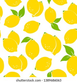 Seamless citrus pattern with yellow lemons on white background. Vector illustration. Summer bright Vector illustration good for printing. Food ornament