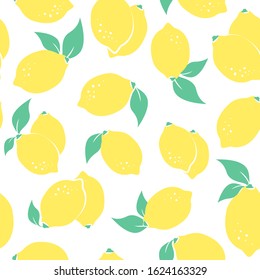 Seamless citrus pattern with yellow lemons on white background. Vector illustration. Summer bright Vector illustration good for printing. Food ornament