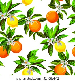 Seamless citrus pattern.Hand drawn vector illustration with lemons and oranges.Template for print, textile,wallpaper cover and box design.