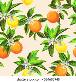 Seamless citrus pattern.Hand drawn vector illustration with lemons and oranges.Template for print, textile,wallpaper cover and box design.