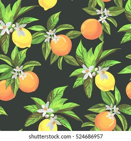 Seamless citrus pattern.Hand drawn vector illustration with lemons and oranges.Template for print, textile,wallpaper cover and box design.