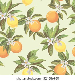 Seamless citrus pattern.Hand drawn vector illustration with lemons and oranges.Template for print, textile,wallpaper cover and box design.