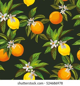 Seamless citrus pattern.Hand drawn vector illustration with lemons and oranges.Template for print, textile,wallpaper cover and box design.