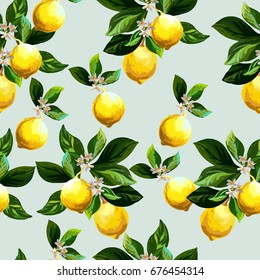 Seamless citrus pattern.Hand drawn vector illustration with lemons.Template for print, textile,wallpaper cover and box design.