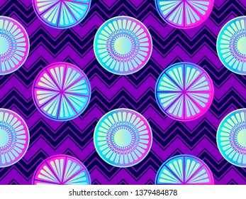 Seamless citrus with purple and pink gradient. Fruit on a background with zigzag lines. Vector illustration