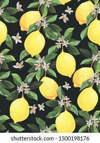 Seamless citrus vector pattern. Exotic background. Hand drawn illustration with lemons. Tropical fruit wallpaper.
