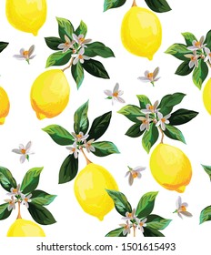 Seamless citrus vector pattern. Exotic background. Hand drawn illustration with lemons. Tropical fruit wallpaper.
