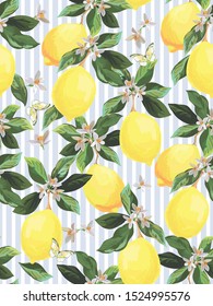 Seamless citrus vector pattern. Exotic background. Hand drawn illustration with lemons. Tropical fruit wallpaper.