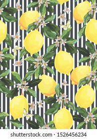 Seamless citrus vector pattern. Exotic background. Hand drawn illustration with lemons. Tropical fruit wallpaper.