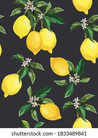 Seamless citrus vector pattern. Exotic background. Hand drawn illustration with lemons. Tropical fruit wallpaper.