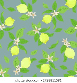 Nahtloses Zitrusvektormuster. Exotischer Hintergrund. Handgezeichnete Illustration mit Zitrone. Tapete mit tropischen Früchten.: