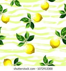 	
Seamless citrus vector pattern on striped background. Hand drawn illustration with lemons.