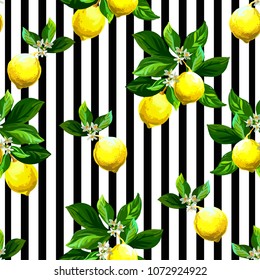 	
Seamless citrus vector pattern on striped background. Hand drawn illustration with lemons.