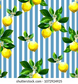 	
Seamless citrus vector pattern on striped background. Hand drawn illustration with lemons.