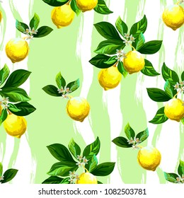 	
Seamless citrus vector pattern on striped background. Hand drawn illustration with lemons.
