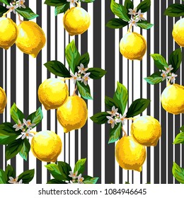 	
Seamless citrus vector pattern on striped background. Hand drawn illustration with lemons.