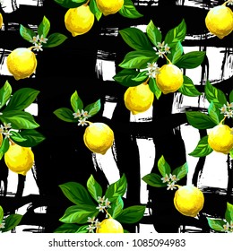Seamless citrus vector pattern on striped background. Hand drawn illustration with lemons.
