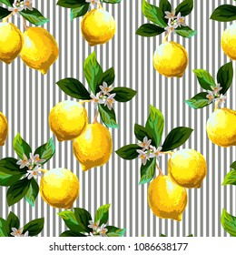 	
Seamless citrus vector pattern on striped background. Hand drawn illustration with lemons.