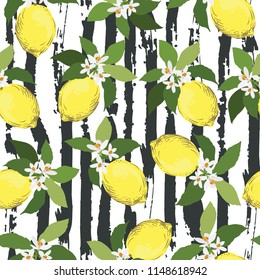 	
Seamless citrus vector pattern on striped background. Hand drawn illustration with lemons.