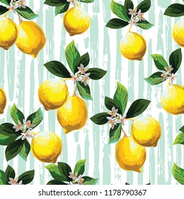 Seamless citrus vector pattern on striped background. Hand drawn illustration with lemons.