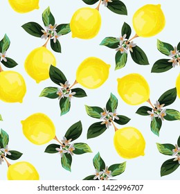 Seamless citrus vector pattern on blue background. Hand drawn illustration with lemons.