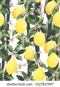 	
Seamless citrus vector pattern on striped background. Hand drawn illustration with lemons.