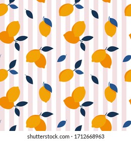 Seamless citrus vector pattern on striped background. Hand drawn food texture with yellow lemons and blue leaves. Background for paper, cover, fabric, interior decor.