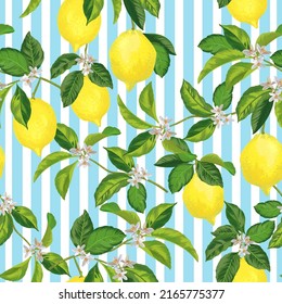 Seamless citrus vector pattern on striped background. Hand drawn illustration with lemons.