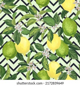 Seamless citrus vector pattern on striped background. Hand drawn illustration with lemons.