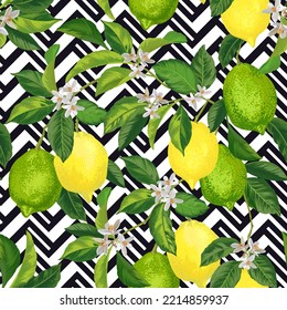 Seamless citrus vector pattern on striped background. Hand drawn illustration with lemons.