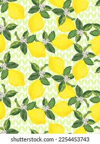 Seamless citrus vector pattern on striped background. Hand drawn illustration with lemons.
