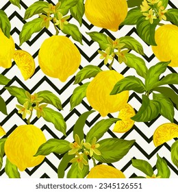 Seamless citrus vector pattern on striped background. Hand drawn illustration with lemons.