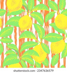 Seamless citrus vector pattern on striped background. Hand drawn illustration with lemons.