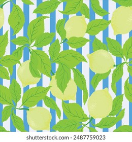 Seamless citrus vector pattern on striped background. Hand drawn illustration with lemons.