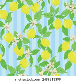 .Seamless citrus vector pattern on striped background. Hand drawn illustration with lemons.