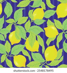 Seamless citrus vector pattern on striped background. Hand drawn illustration with lemons.